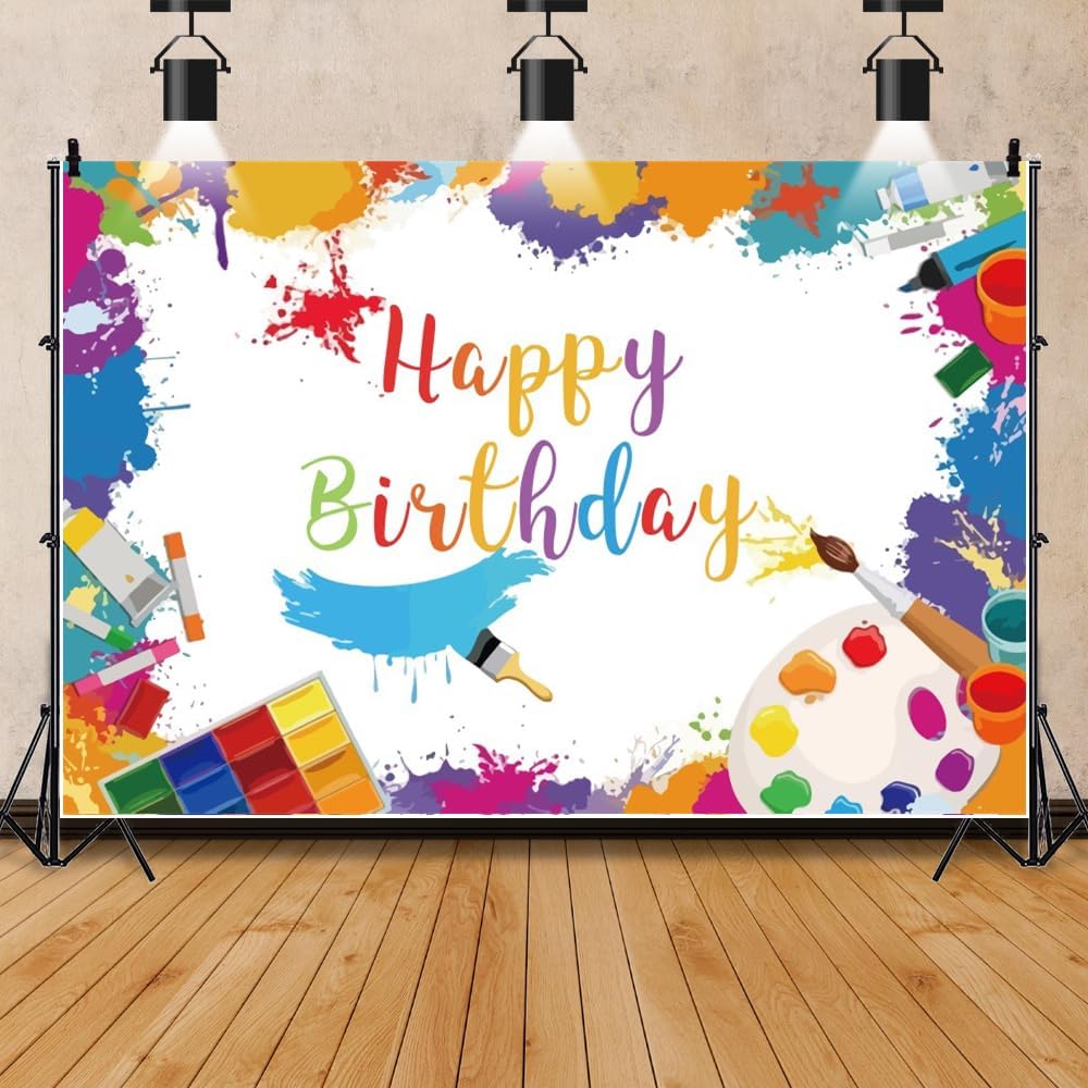 Art Paint Happy Birthday Backdrop Watercolor Happy Birthday Banner Painting Art Birthday Photo Background for Indoor Outdoor Birthday Party Decor Supply Photography Props 20x10ft (600x300cm)