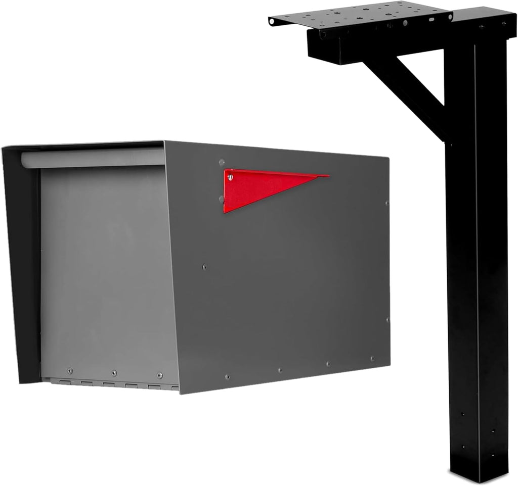 Ilyapa Modern Gray Steel Mailbox with Magnetic Door & Waterproof Parcel Slot + Black 43' Metal Post for Outside - Easy Install, Weatherproof, Durable, & Stylish Curbside Mail Solution
