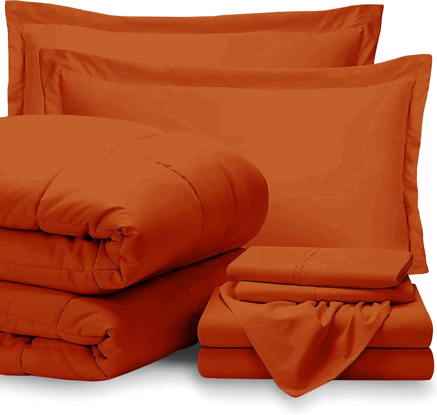 100% Egyptian Cotton 800 Thread Count 400GSM 7Pcs Comforter Set and Sheet Set 18' Deep Pocket (Comforter, Flat Sheet, Fitted Sheet, Pillowcases, Pillow Sham) - Oversized Queen Size - Burnt Orange