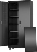 Aobabo Garage Storage Cabinet with Door Pegboard,Lockable Metal Storage Cabinet with 5 Adjustable Shelves for Garage Home,Required Assembly,Black