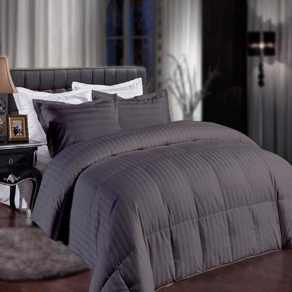 Premium 1000 Thread Count RV-Short Queen Size 1 Piece Comforter (500GSM Fiber Fill) Elephant Grey Stripe 100% Egyptian Cotton, (88'X88')