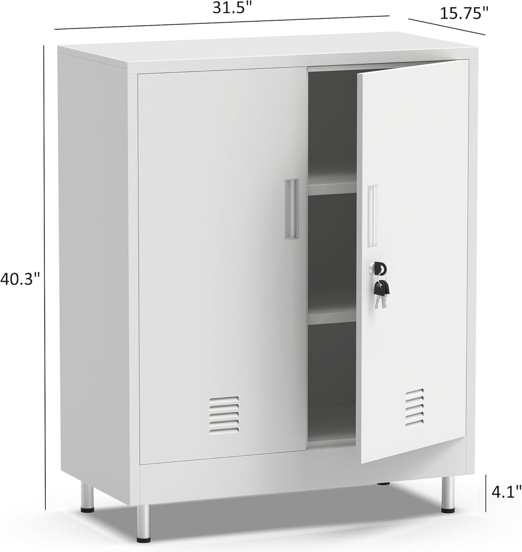 JINGUR Metal Storage Cabinet with Locking Doors and 2 Adjustable Shelves, Lockable Storage Cabinet for Home Office Garage Pantry Living Room (White)