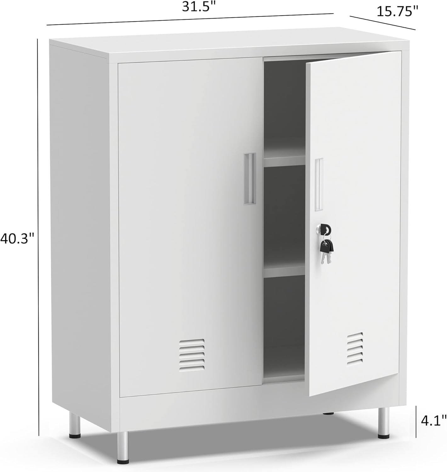 JINGUR Metal Storage Cabinet with Locking Doors and 2 Adjustable Shelves, Lockable Storage Cabinet for Home Office Garage Pantry Living Room (White)