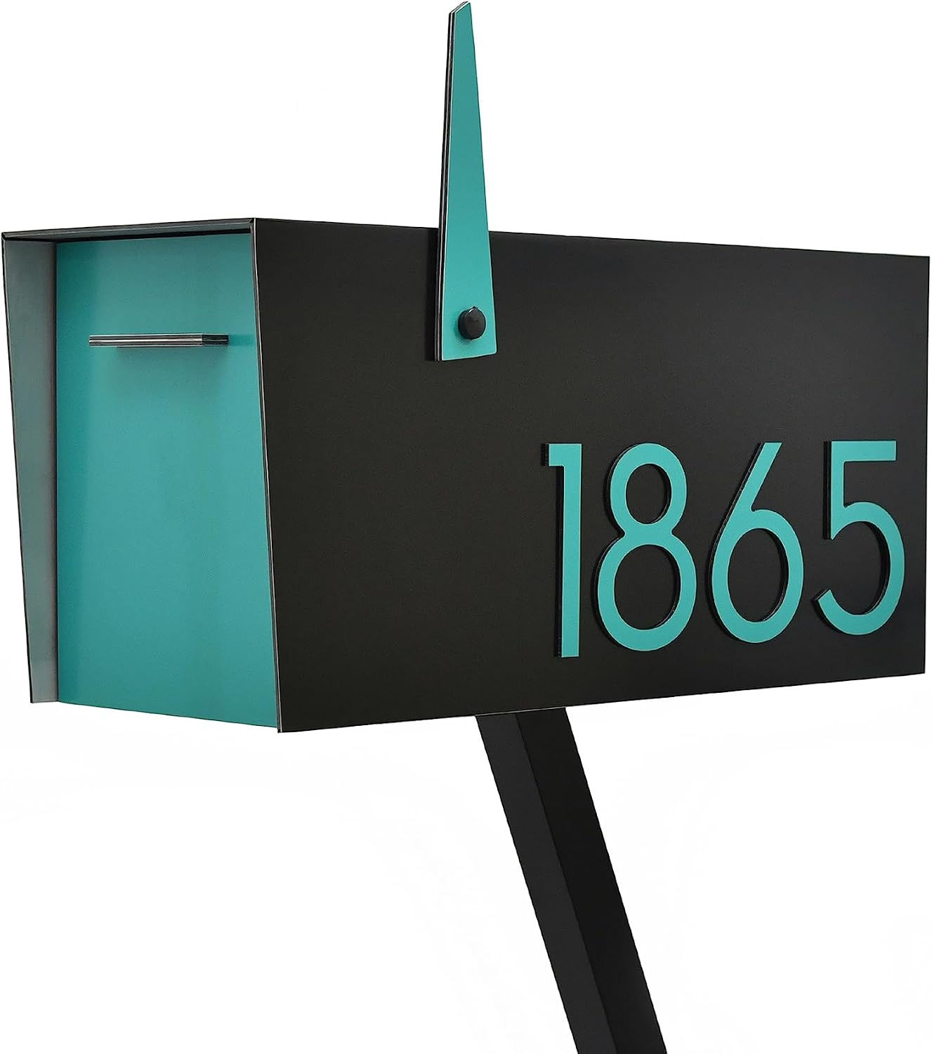 Contemporary Post-Mount Mailbox - Aluminum Black Body with Aluminum Door, Numbers and Flag - Large Customized Mailbox - Type 4 (Ocean Green)