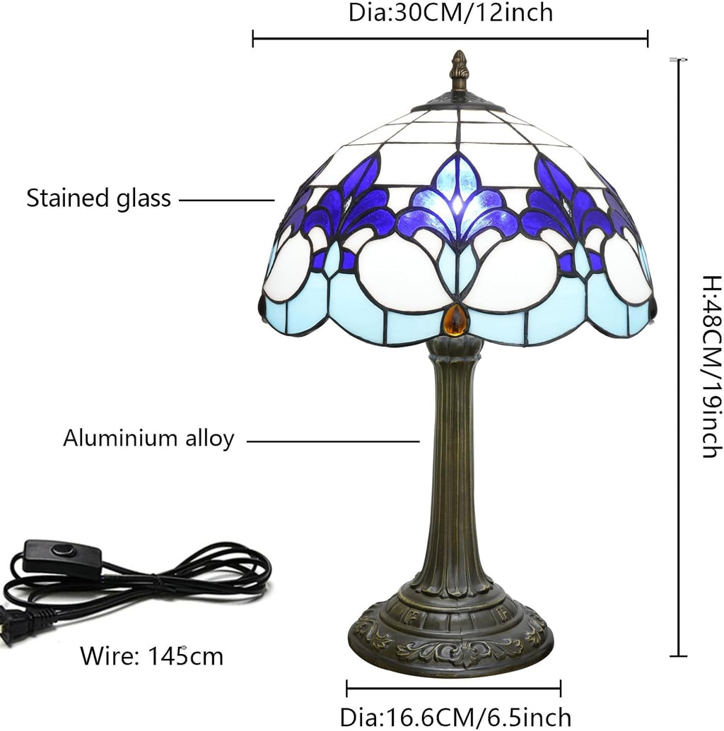 Tiffany Style Table Lamp with Blue Iris Stained Glass Lamp 12 Inch Retro Bronze Base Bedside Lamp Living Rooms, Offices, Hotel，Coffee Shop European Style Decorative Ambient Light Bedside Lamp