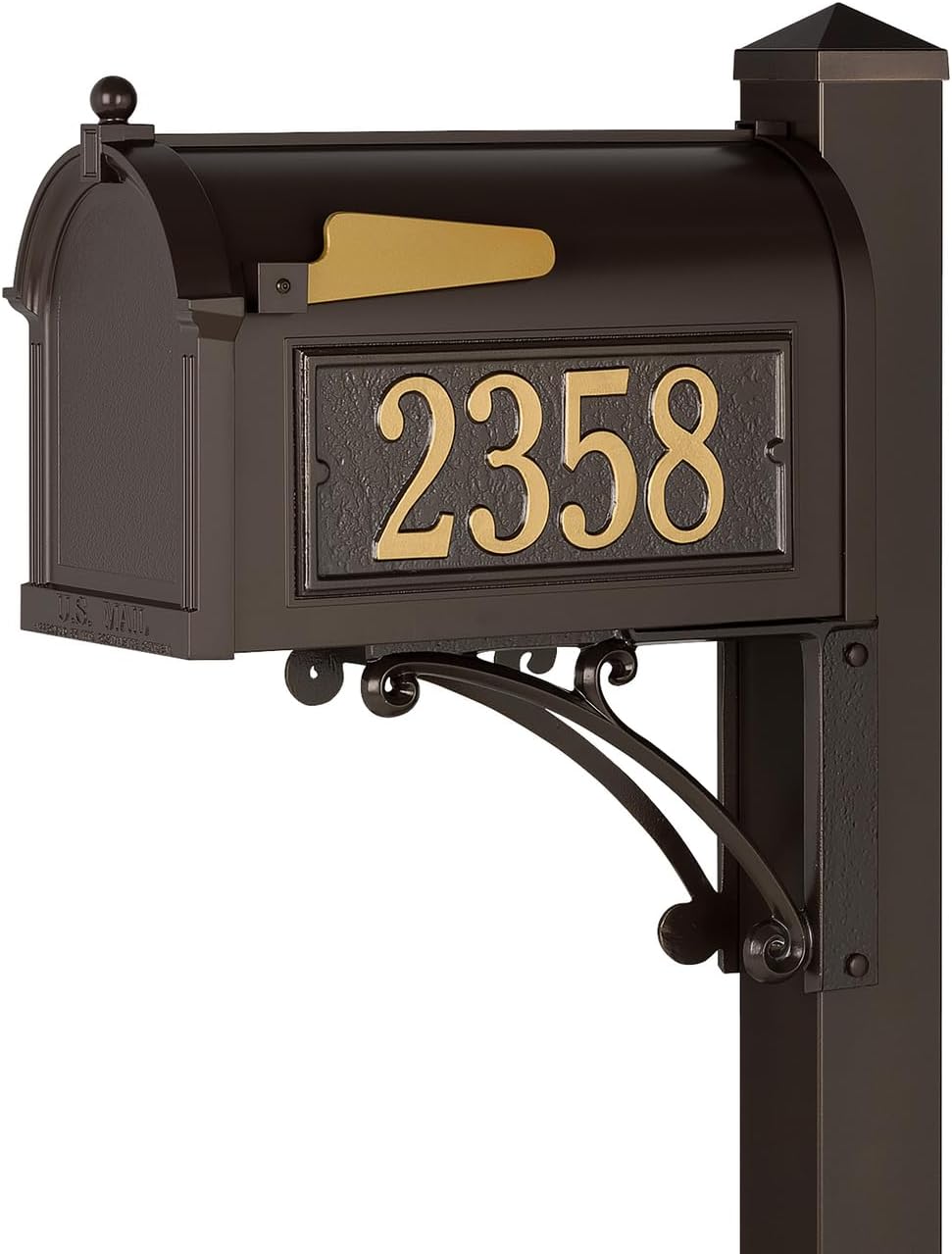 Whitehall Superior Mailbox with Side Address Plaques, Personalized Large Mailbox with Post and Address Plaque for Outside, Package Mailbox with Post Bronze