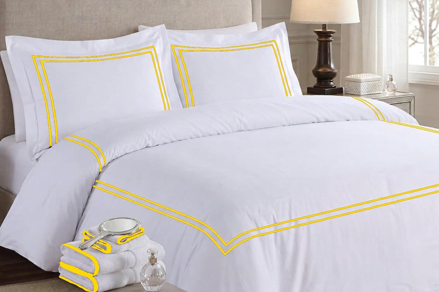 BedDecor Luxury 400-TC Egyptian Cotton 5PC Embroidered Duvet Cover Set with Beautiful 2-Stripe Embroidery(Gold, Full/Queen)