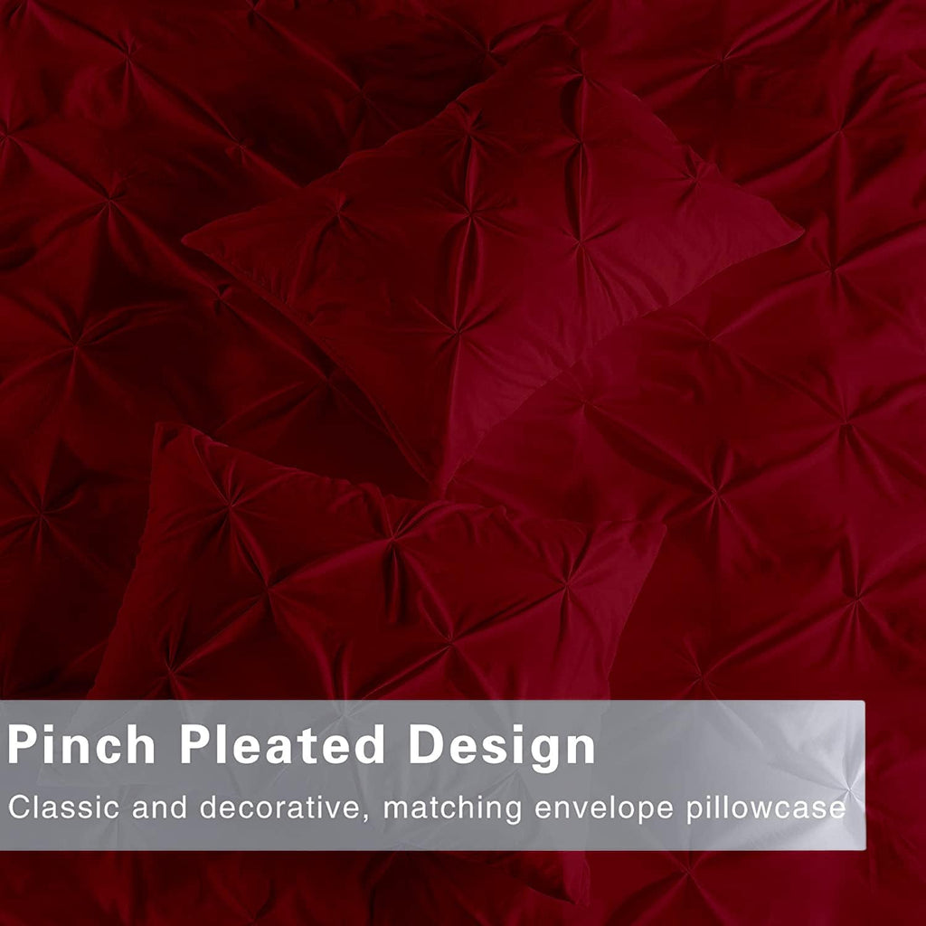 Pinch Pleated 3pc Duvet Cover Set 100% Egyptian Cotton 1000-TC Zipper & Corner Ties Rectangle Pattern Decorative Pintuck (All Queen 90x90 Size, Burgundys)