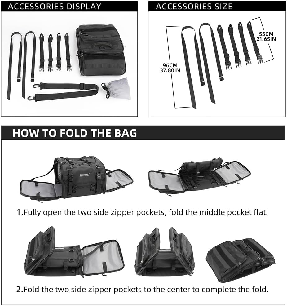 Rhinowalk Motorcycle Tail Bag, Expandable Motorcycle Travel Luggage Bags 80L, Waterproof All-Weather Trunk Rack Bag with Sissy Bar Straps & Helmet Rain Cover-Black