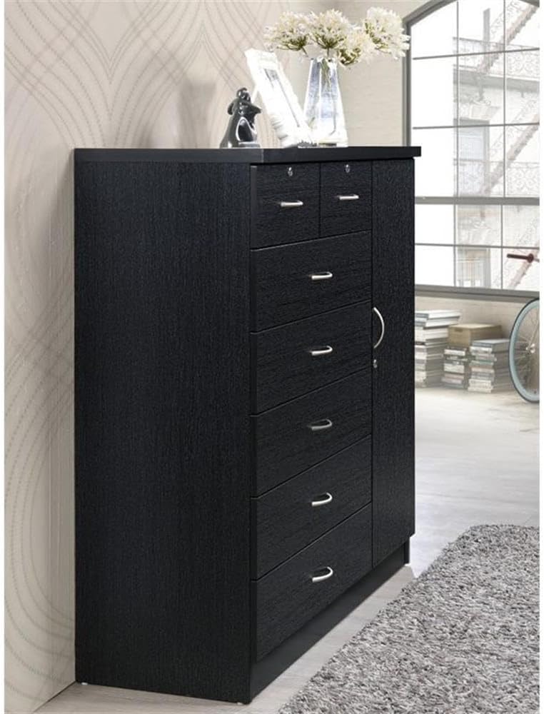 BOWERY HILL 7 Drawer Chest, Wood Construction, Black Finish, Lockable Top Drawers, Side Door with Shelves and Hanging Rod, Adjustable Cabinet Shelves, 48.6 in H x 47.2 in W x 17.6 in D