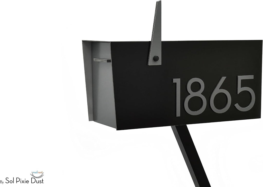 Contemporary Post-Mount Mailbox - Aluminum Black Body with Aluminum Door, Numbers and Flag - Large Customized Mailbox - Type 4 (Metallic Gray)