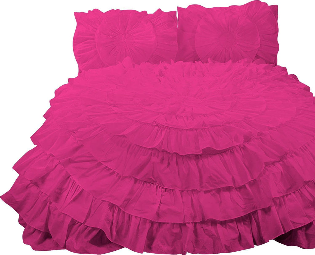 3 Piece 100% Egyptian Cotton Circle Ruffle Comforter Set, 550 GSM Filled Microfiber - Full/Queen Size, Hot Pink Color - 1000 Thread Count