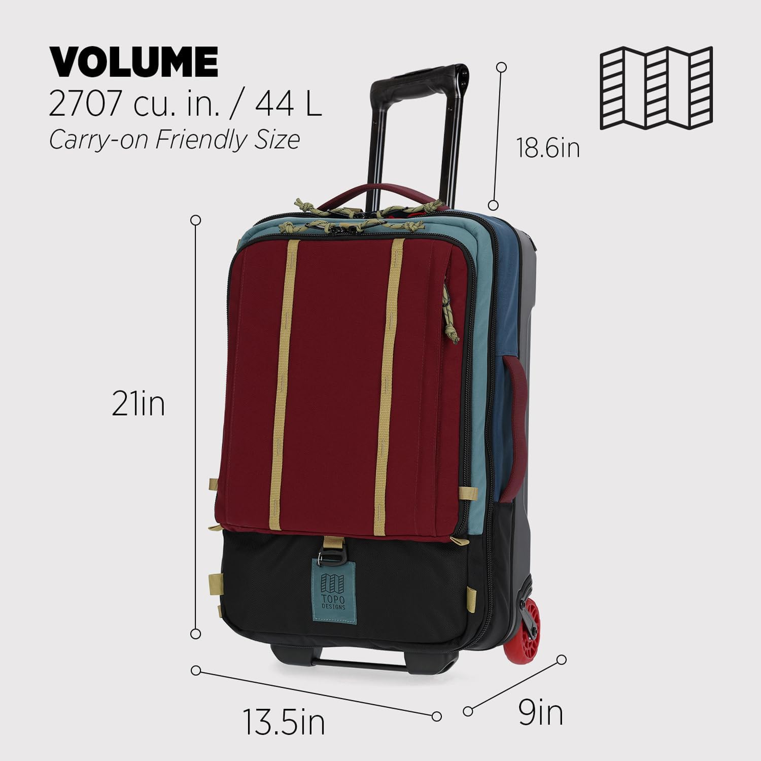 Topo Designs Global Travel Roller Bag Suitcase, Carry-On Friendly, 3 Carry Options, Smooth Heavy Duty Wheels, Telescoping Handle, Designed in Denver CO USA, PFAS Free (Dark Denim/Burgundy)