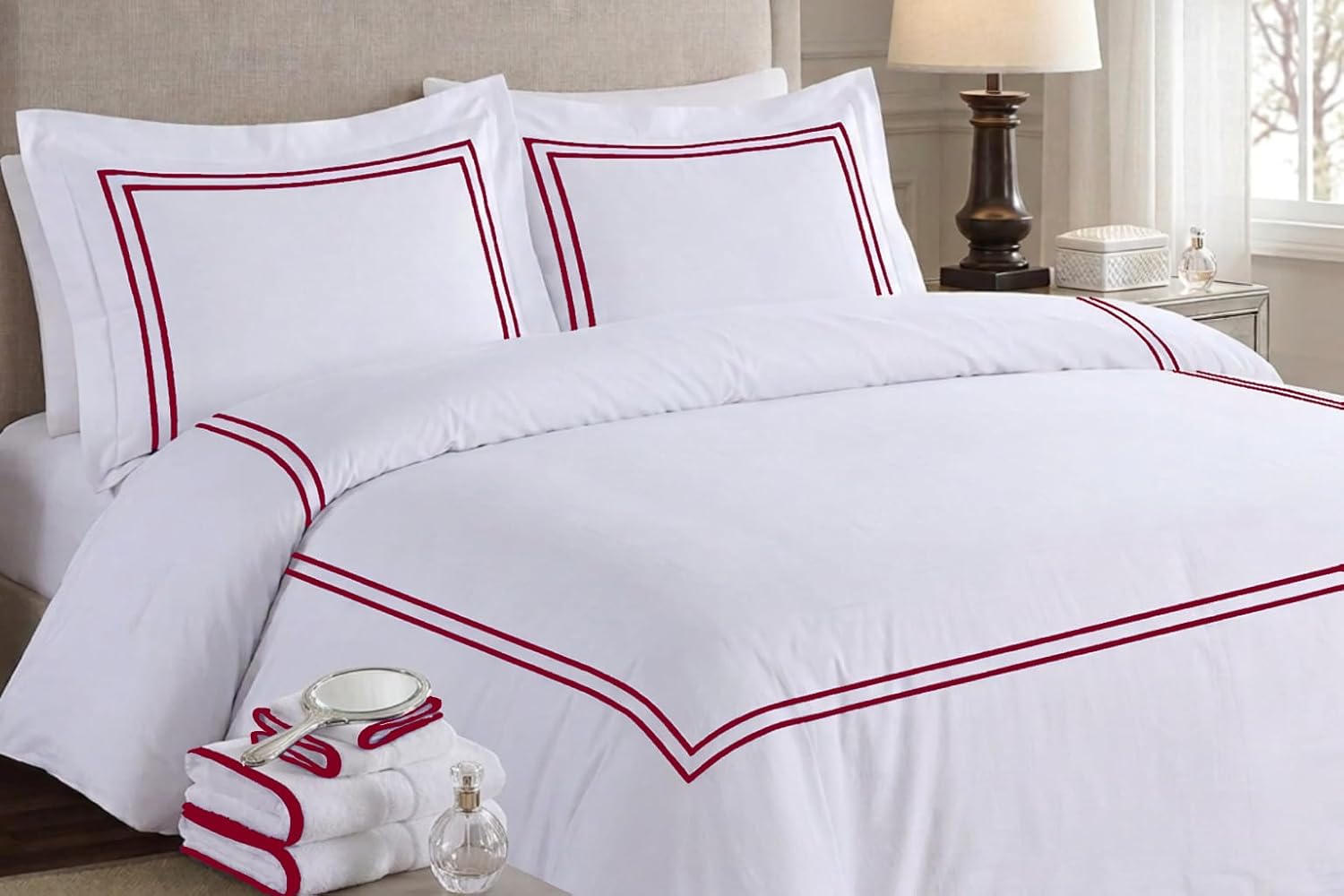 BedDecor Luxury 400-TC Egyptian Cotton 5PC Embroidered Duvet Cover Set with Beautiful 2-Stripe Embroidery(Burgundy, Full/Queen)