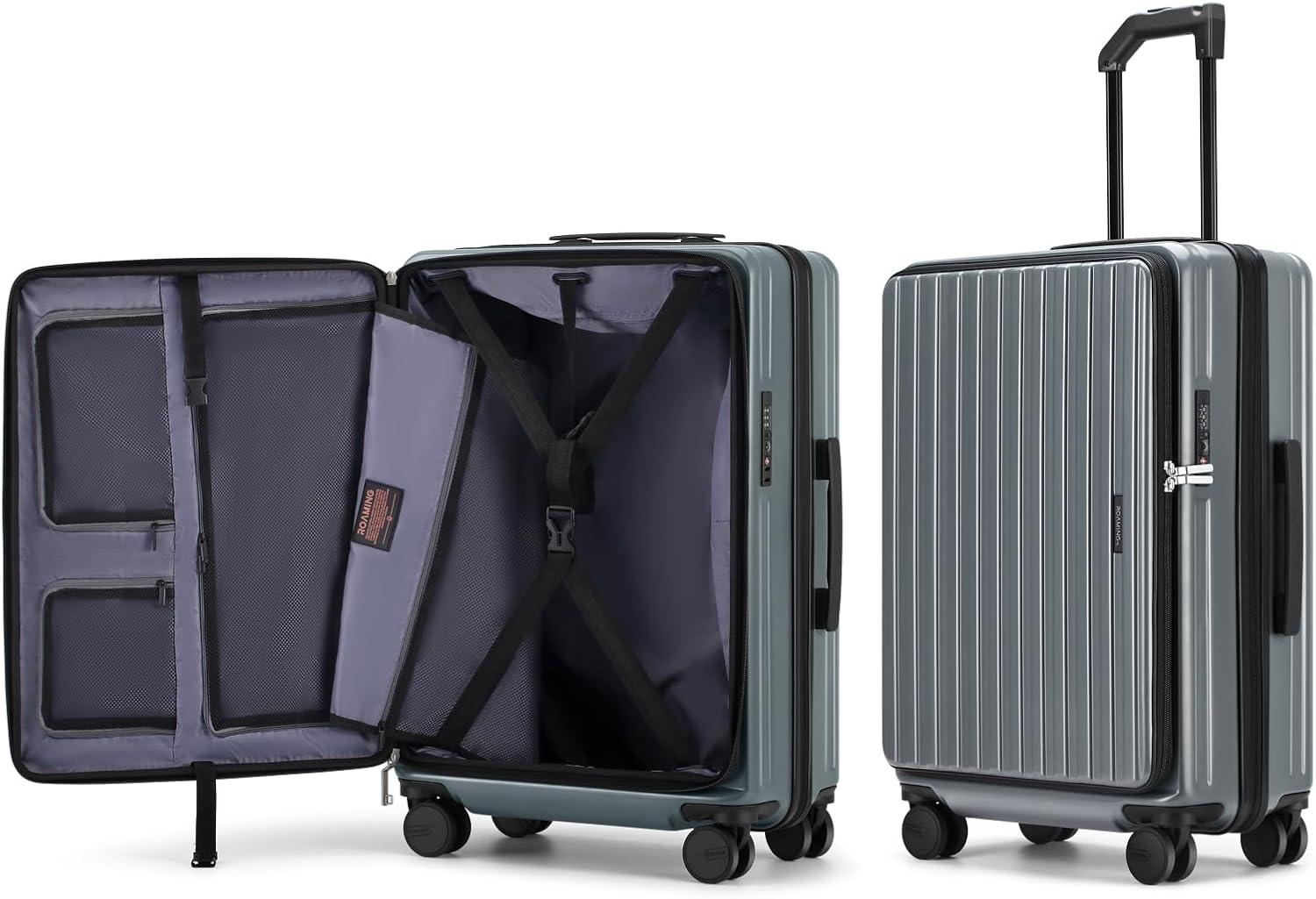 24 Inch Checked Large Luggage with Spinner Wheels Front Opening Rolling Suitcase for 5-7 Days Travel, Scratch Resistant PC Hardshell TSA Lock Cup Holder Specially Designed Ergonomic Pull Rod Handle