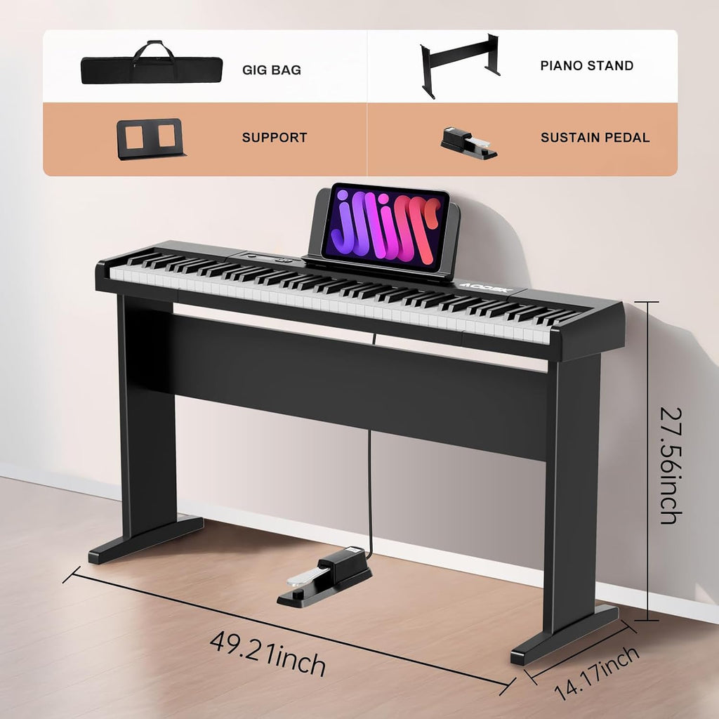 Aodsk 88 Key keyboard piano, Portable Digital Piano with Wooden stand Set for Beginners,128 Tone,128 Rhythm, 20 Demo Song, with Sustain Pedal, Carrying Case, Complimentary Online Piano Lessons