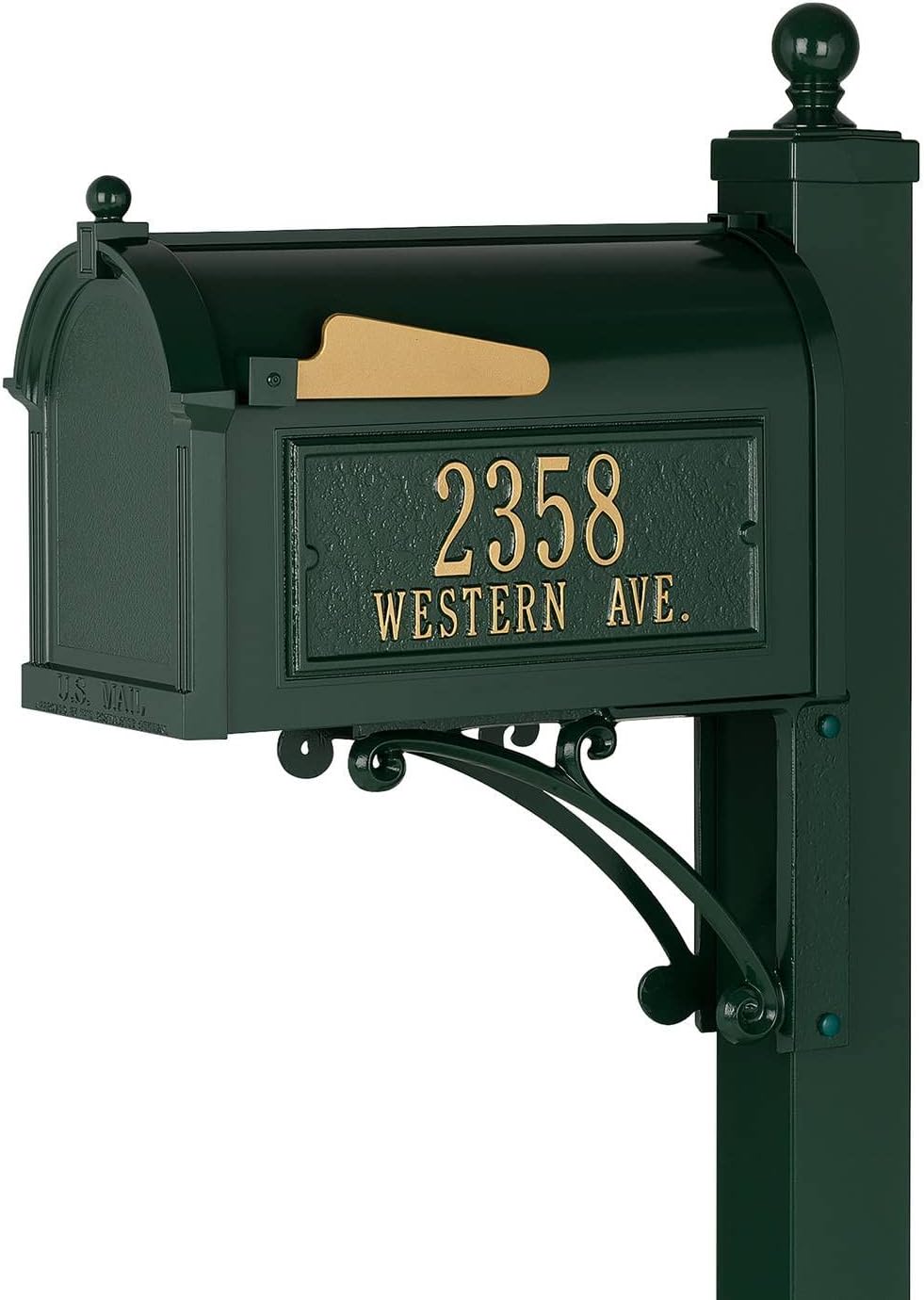Whitehall Custom Extra Large Mailbox - Capitol Model with Address Plaque and Side Mount Post Package, Sand Cast Aluminum, Green Personalized in Goldtone