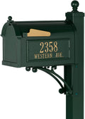 Whitehall Custom Extra Large Mailbox - Capitol Model with Address Plaque and Side Mount Post Package, Sand Cast Aluminum, Green Personalized in Goldtone
