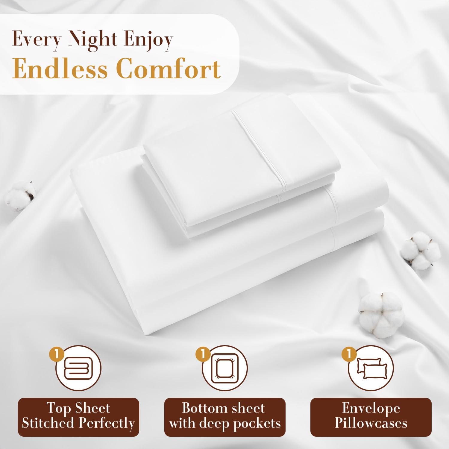 1200 Thread Count Cotton Sheets, 100% Egyptian Cotton Sheet for Queen Size Bed,Very Smooth Soft with 18' Deep Pocket Sheets 4-Pc Sets (Pearl White, Queen)