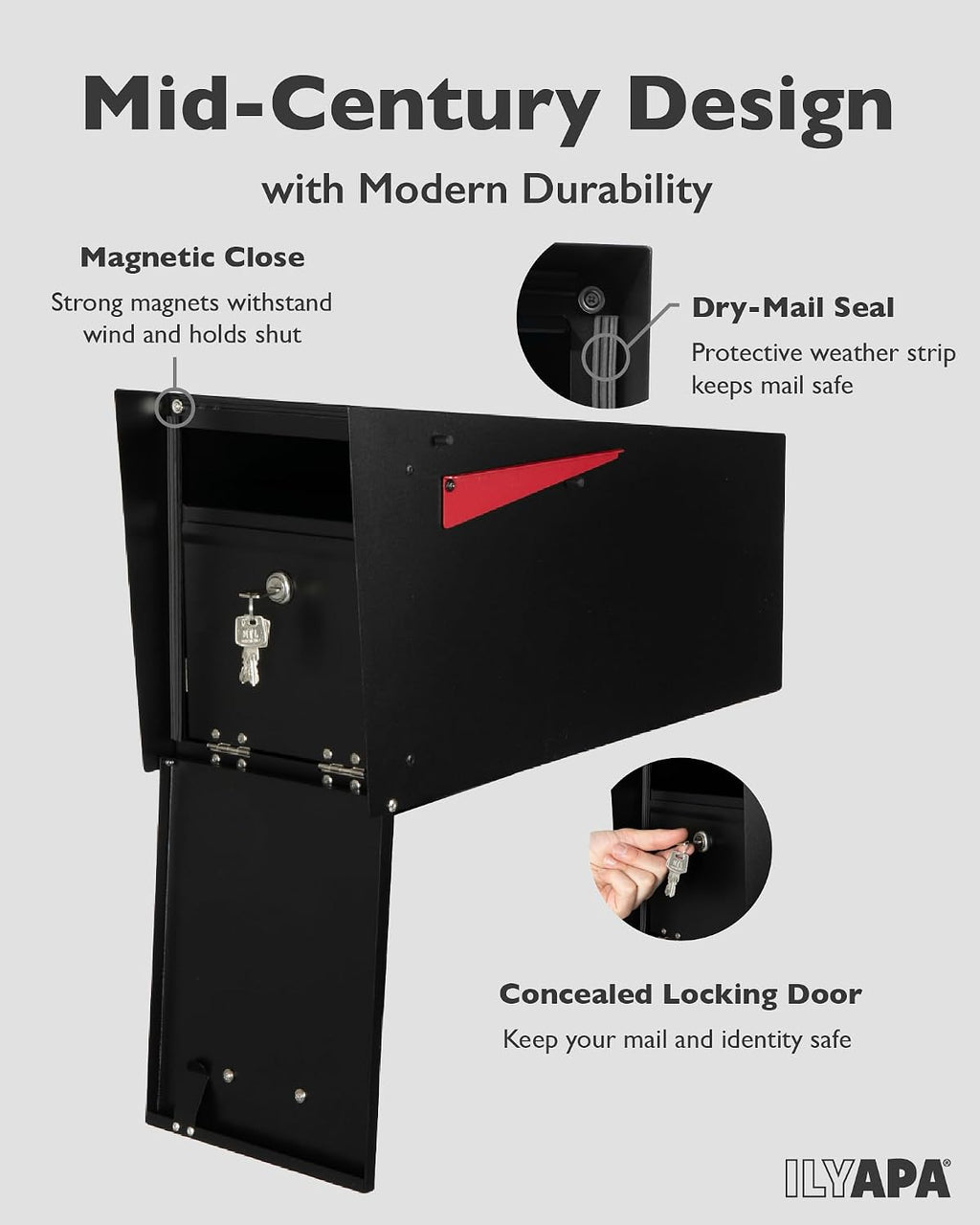 Ilyapa Locking Mailbox with Lock and Key Modern Mailboxes for Outside Post Mount - Black Powder Coated Steel, All Weather & Corrosion Resistant, Stainless Steel, Angled