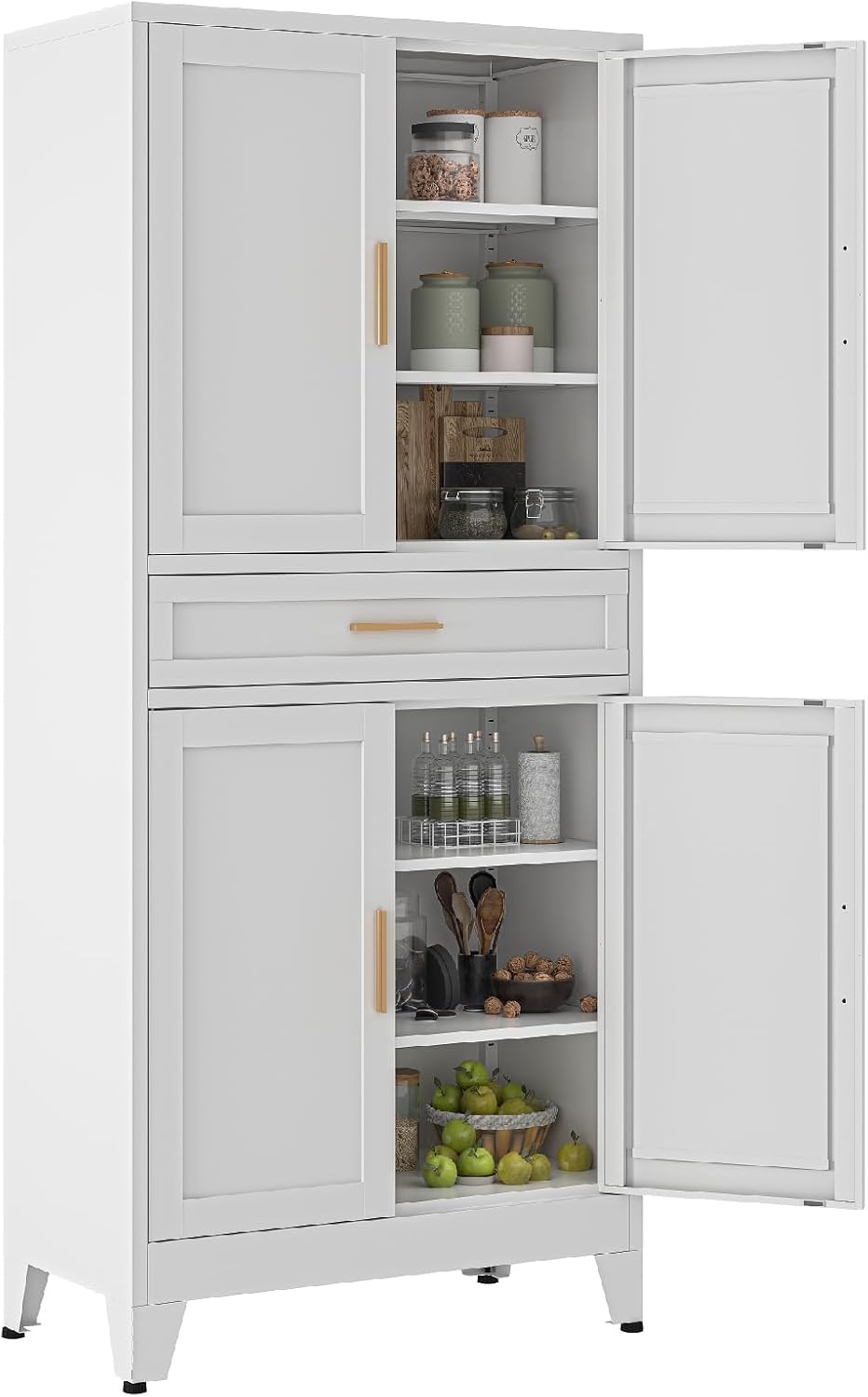 Metal Storage Cabinet, 71' Tall Kitchen Pantry Cabinets, Steel File Cabinet with 4 Doors & Adjustable Shelves and Drawer for Kitchen, Dining Room, Living Room, Bathroom