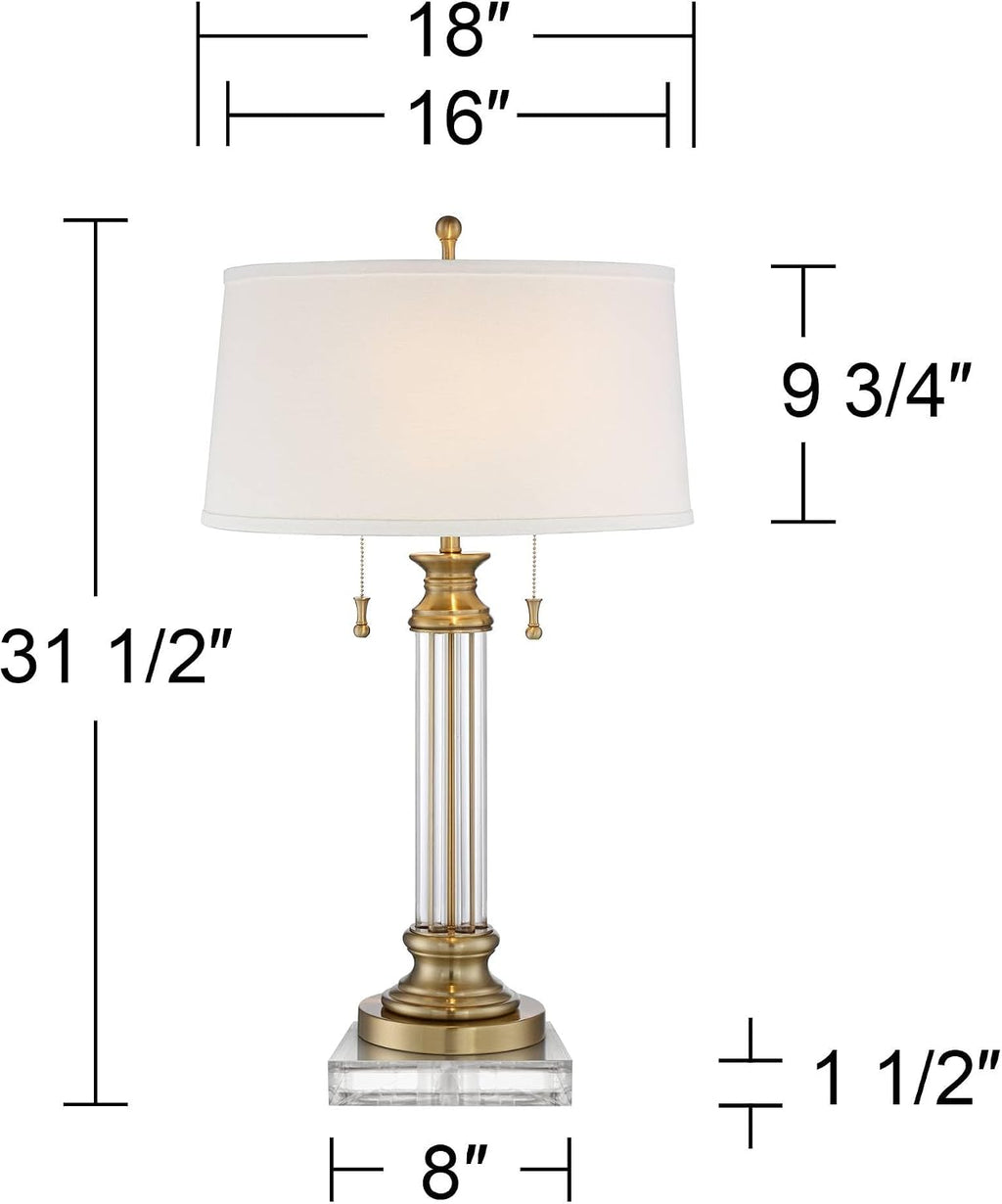 Vienna Full Spectrum Rolland Traditional Table Lamp with Square Riser 31.5' Tall Warm Antique Brass Glass Column 2-Light Off-White Drum Shade Living Room Bedroom House Bedside Nightstand Home