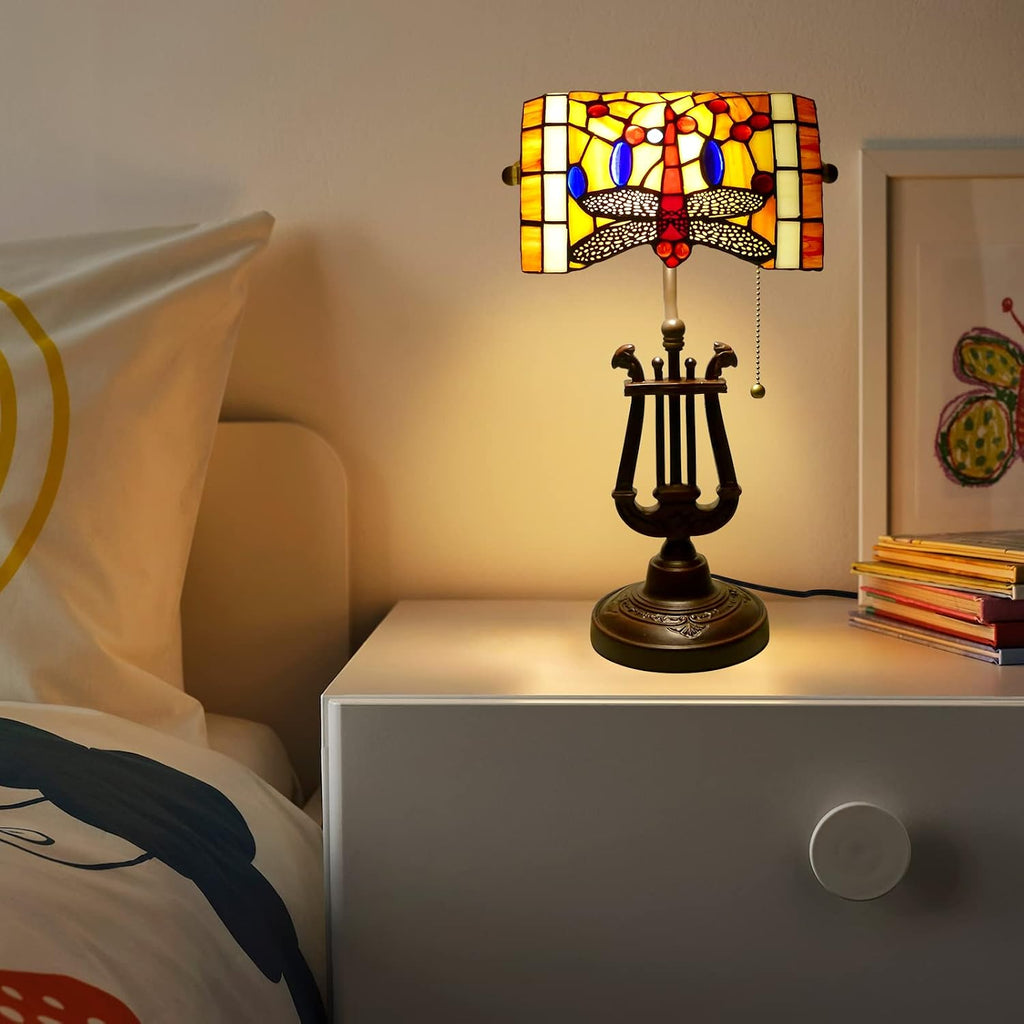 Dragonfly Bankers Lamp Antique Desk Lamps Stained Glass Banker Table Lamp with Pull Chain, Vintage Desk Lamp for Home Office, with Color Changing LED Bulb