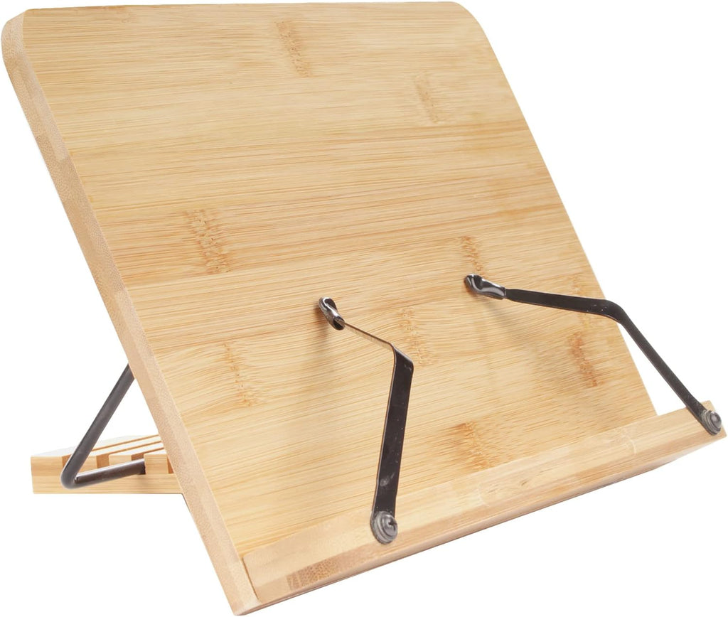 BambooMN Universal Bamboo Book Stand, for Cookbooks, Reading, Cell Phone, Art, Sheet Music, Tablet - Portable and Foldable with 5 Position Adjustable Tilt - 30 Units