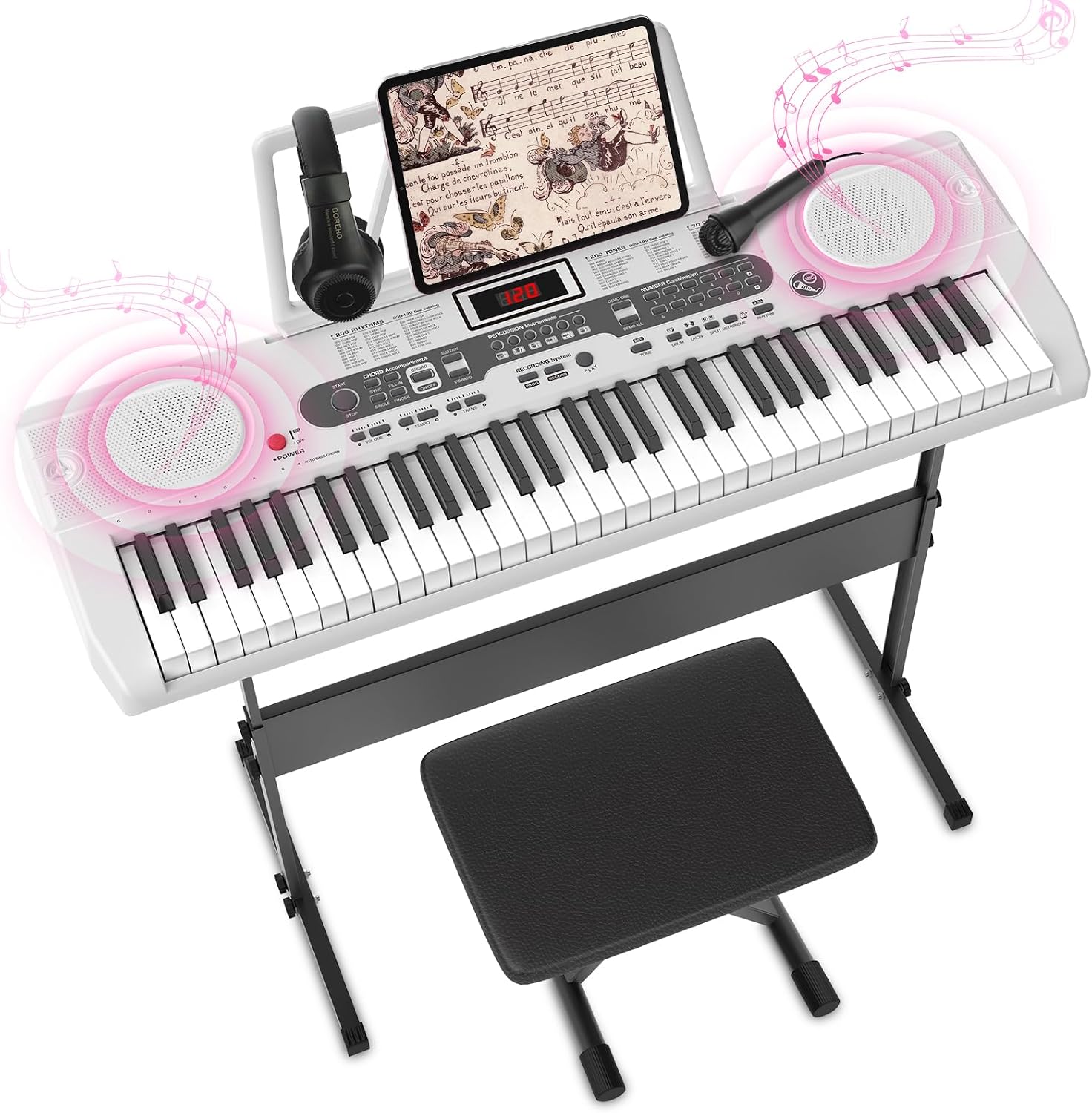 Fenbeli 61 Key Keyboard Piano for Beginners, Electric Piano Keyboard with Stand and Bench, Microphone, Headphone, Sheet Music Stand, LED Screen, 200 Tones, Teaching Mode, Holiday Gift