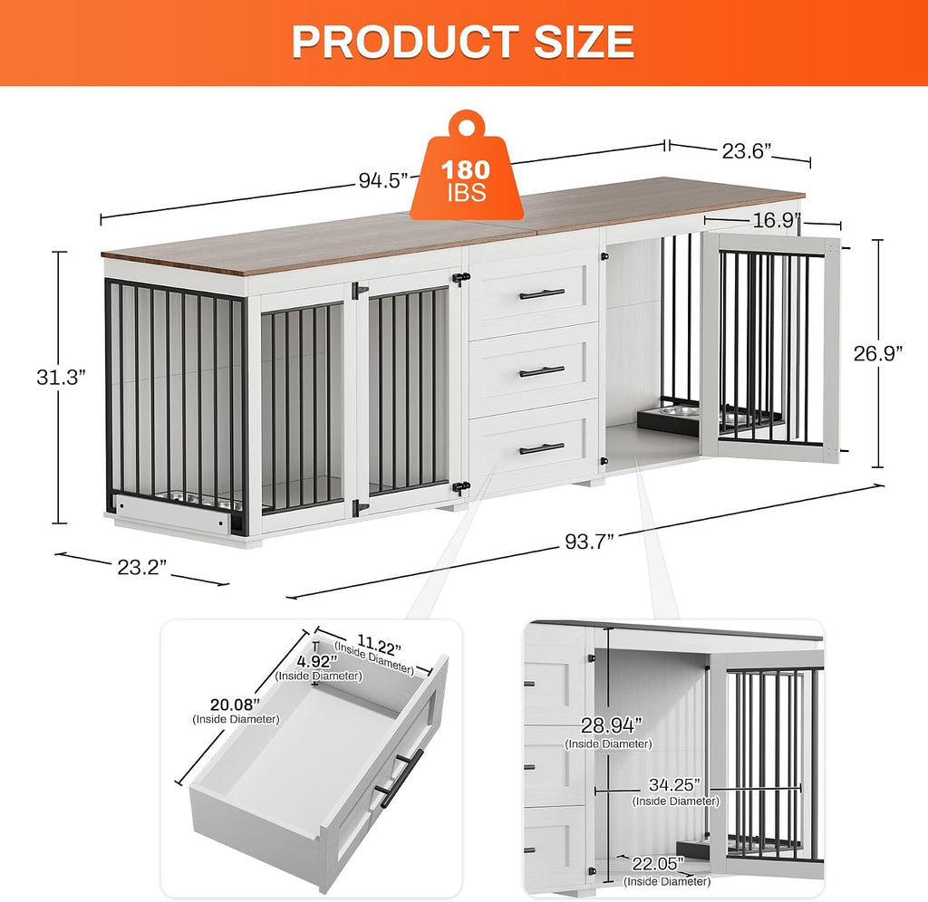 Rophefx 94.5' Dog Crate Furniture for 2 Dogs, Large Dog Kennel Furniture with 3 Storage Drawer, Wooden Dog Cage with 4 Bowls, Indoor Dog House TV Stand with Locks for Large Medium Dog, White
