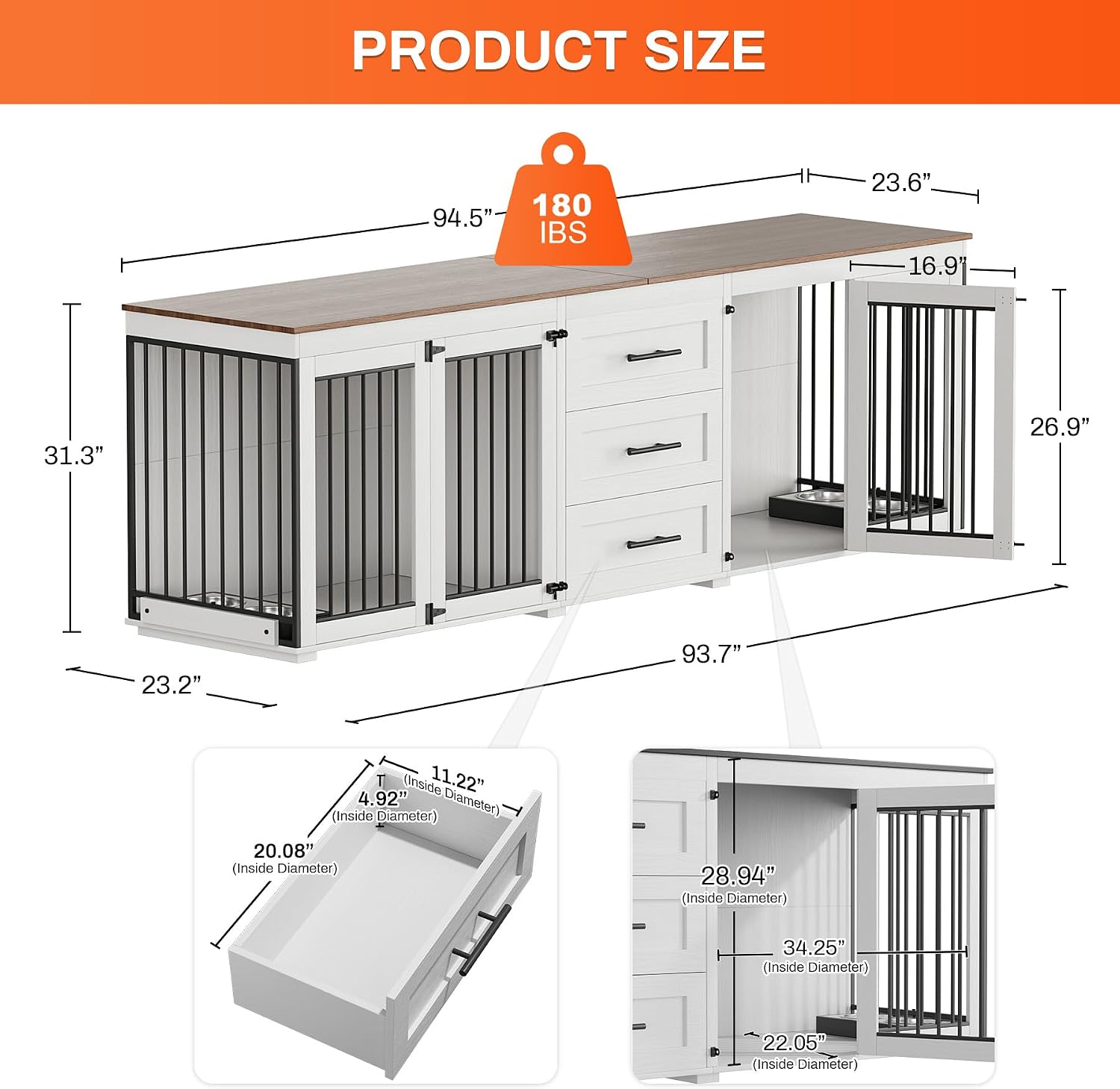 Rophefx 94.5' Dog Crate Furniture for 2 Dogs, Large Dog Kennel Furniture with 3 Storage Drawer, Wooden Dog Cage with 4 Bowls, Indoor Dog House TV Stand with Locks for Large Medium Dog, White