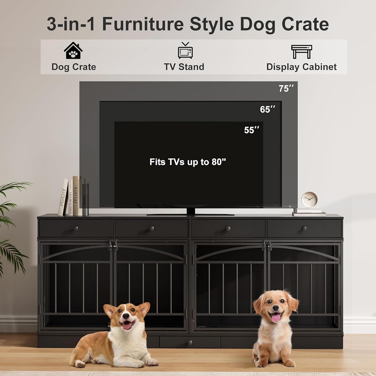 GAOMON Dog Crate Furniture for 2 Dogs, 78.7'' Large Dog Kennel Indoor with 4 Storage Drawers and Feeding Bowls, Double Dog Crate TV Stand for Small and Medium Dogs, Black
