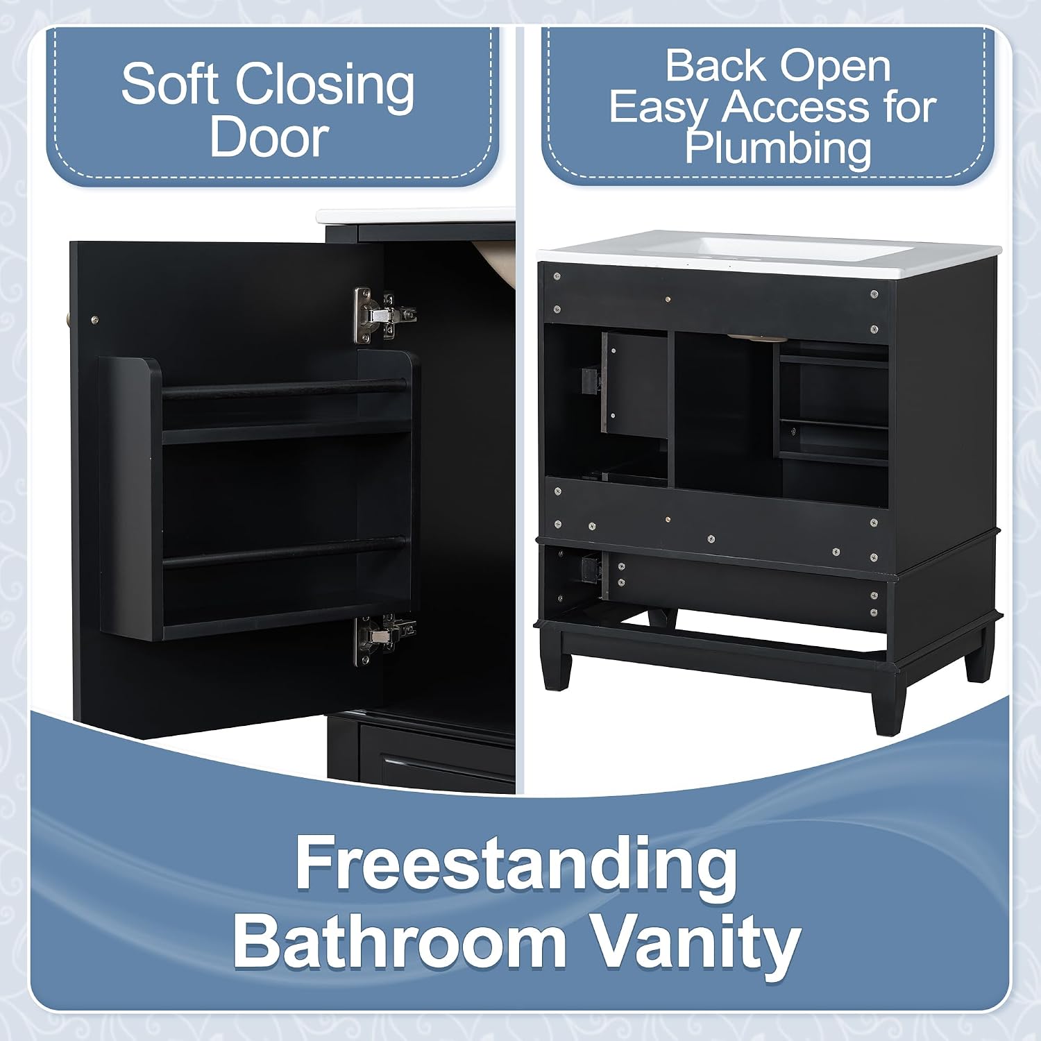 Harper & Bright Designs 30' Bathroom Vanity with Sink, Free Standing Single Basin Vanity Set with One Door and Three Drawers, Solid Wood Storage Cabinet with Ceramic Basin for Bathroom, Black