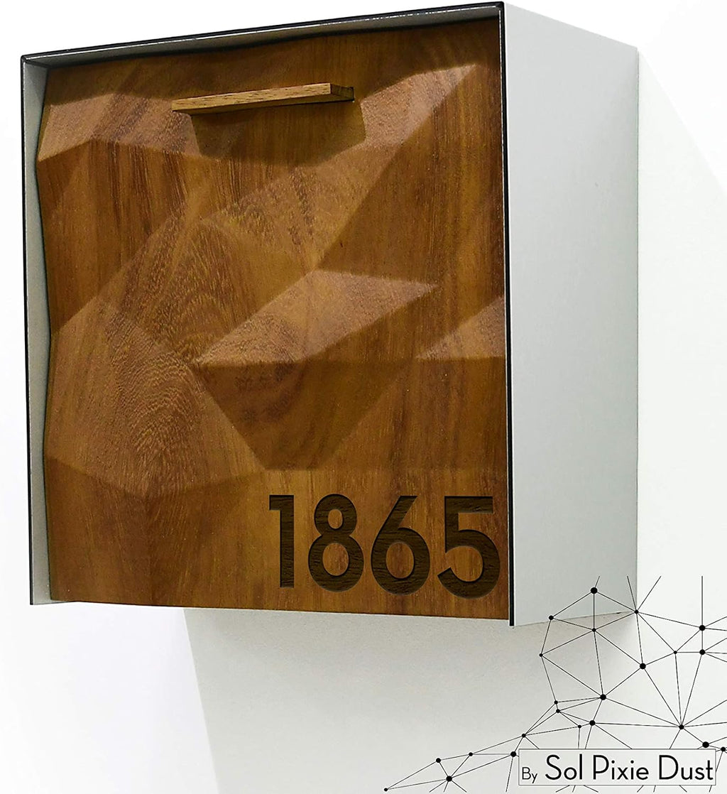 Wall Mounted Mailbox 3D - Solid Iroko Wood Door with Laser Engraved, Brushed Silver Aluminum (ACP) Body - Modern Design - Custom Mailbox - Postbox - Letterbox - Mailnest Type 1