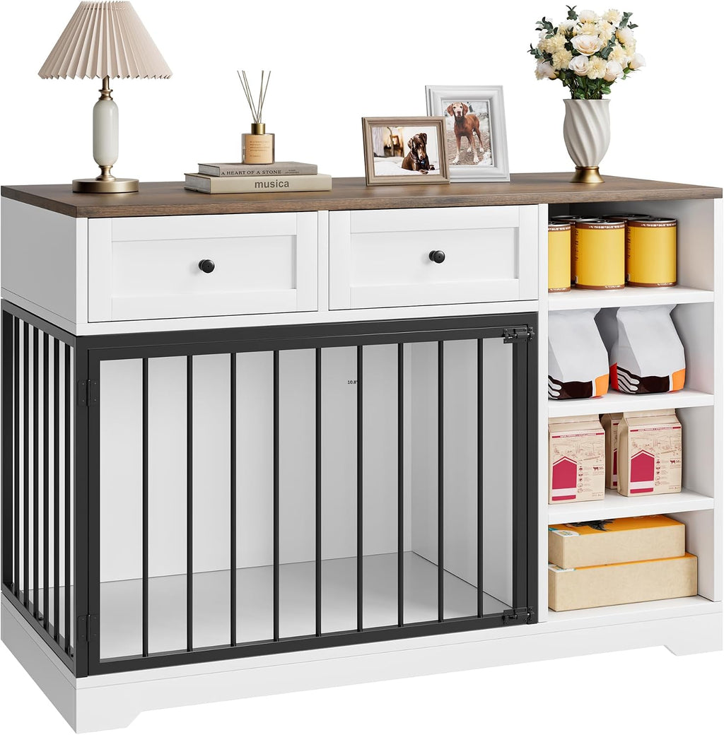 GarveeHome Dog Crate Furniture 47', Large Dog Crate TV Stand with 2 Drawers and 4 Shelves, Wooden Dog Kennel Indoor, Decorative Dog Cage with Storage for Large Dogs, White