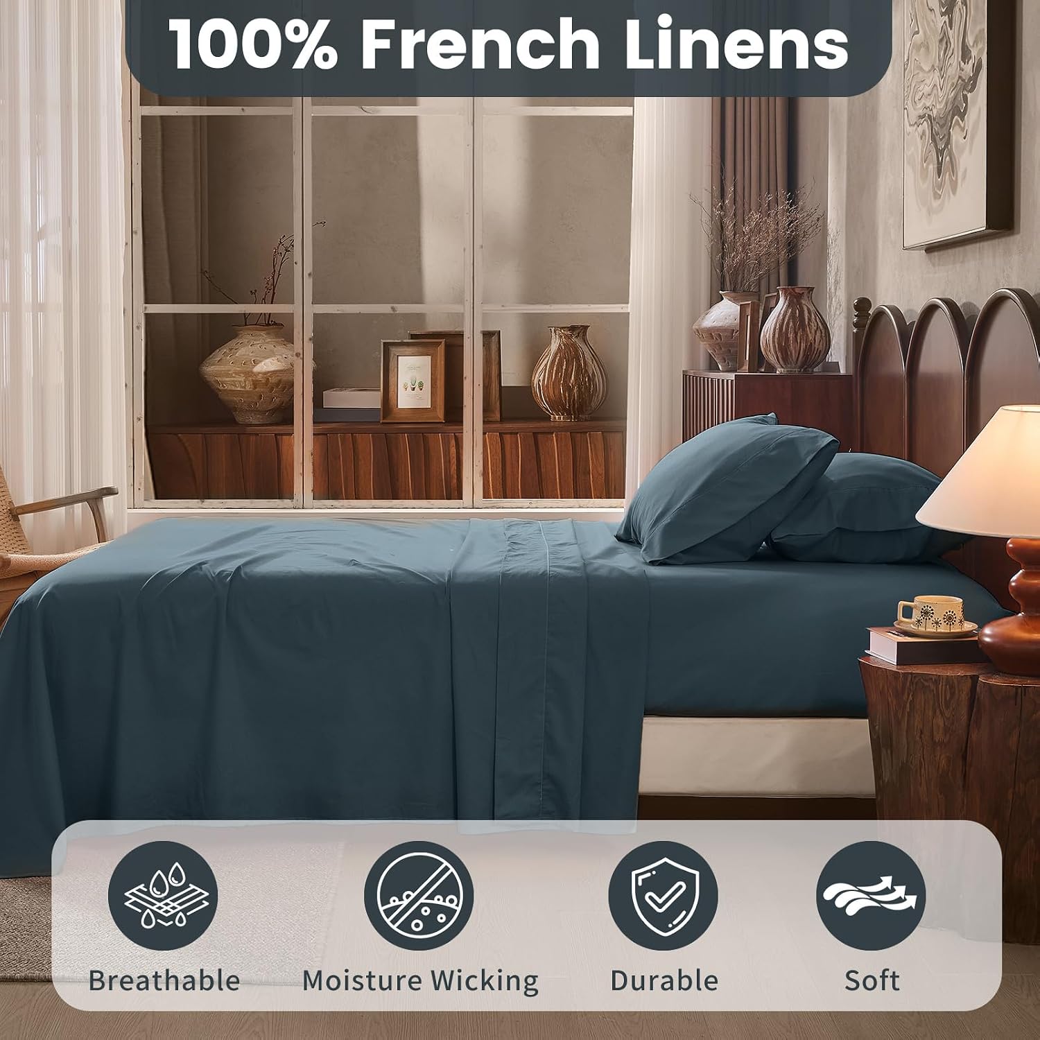 100% Linen Sheets California King Size,Breathable & Durable 4-Piece Bed Flax Sheet Set,Soft All-Season Bedding for Hot Sleepers 16' Deep Pocket Oeko-TEX Certified,（Cal King, Navy Grey）