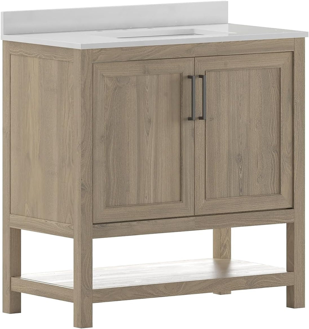 Flash Furniture Vega 36 Inch Bathroom Vanity with Sink Combo, Storage Cabinet with Soft Close Doors and Open Shelf, Carrara Marble Finish Countertop, Brown/White