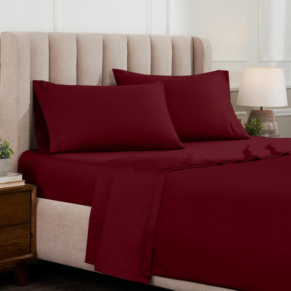 Superior Egyptian Cotton 4 Piece Sheet Set, Luxury 1000 Thread Count, Modern Design, Sustainable Sheets, Basics, Solid, Deep Pocket Fitted Sheet, Flat Sheet, Pillowcases, Olympic Queen, Burgundy