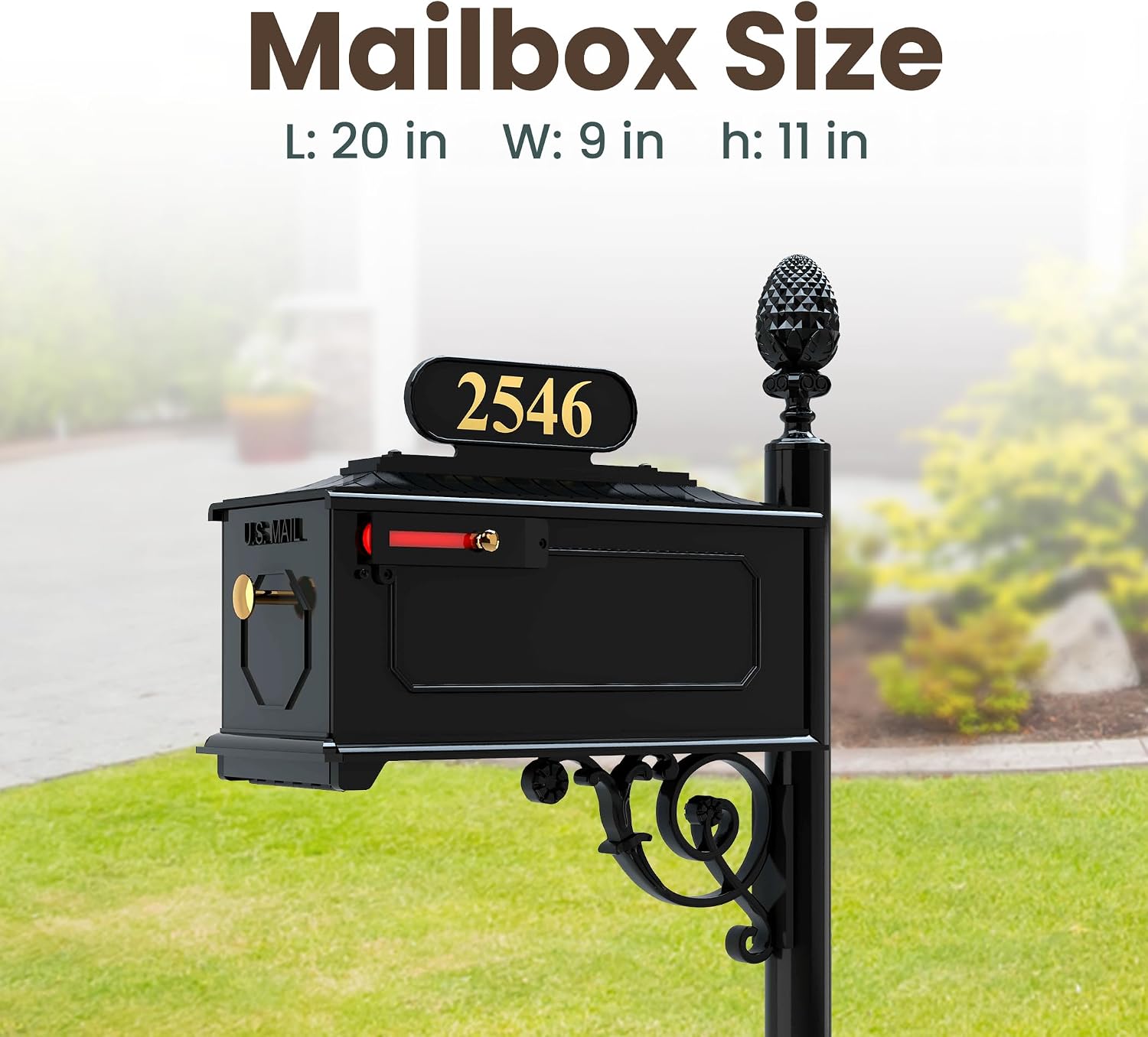 Emerson Black Mailbox with Address Plaque, Flag, and Numbers Included Complete Luxury Mailbox and Post Combo Kit (Emerson)