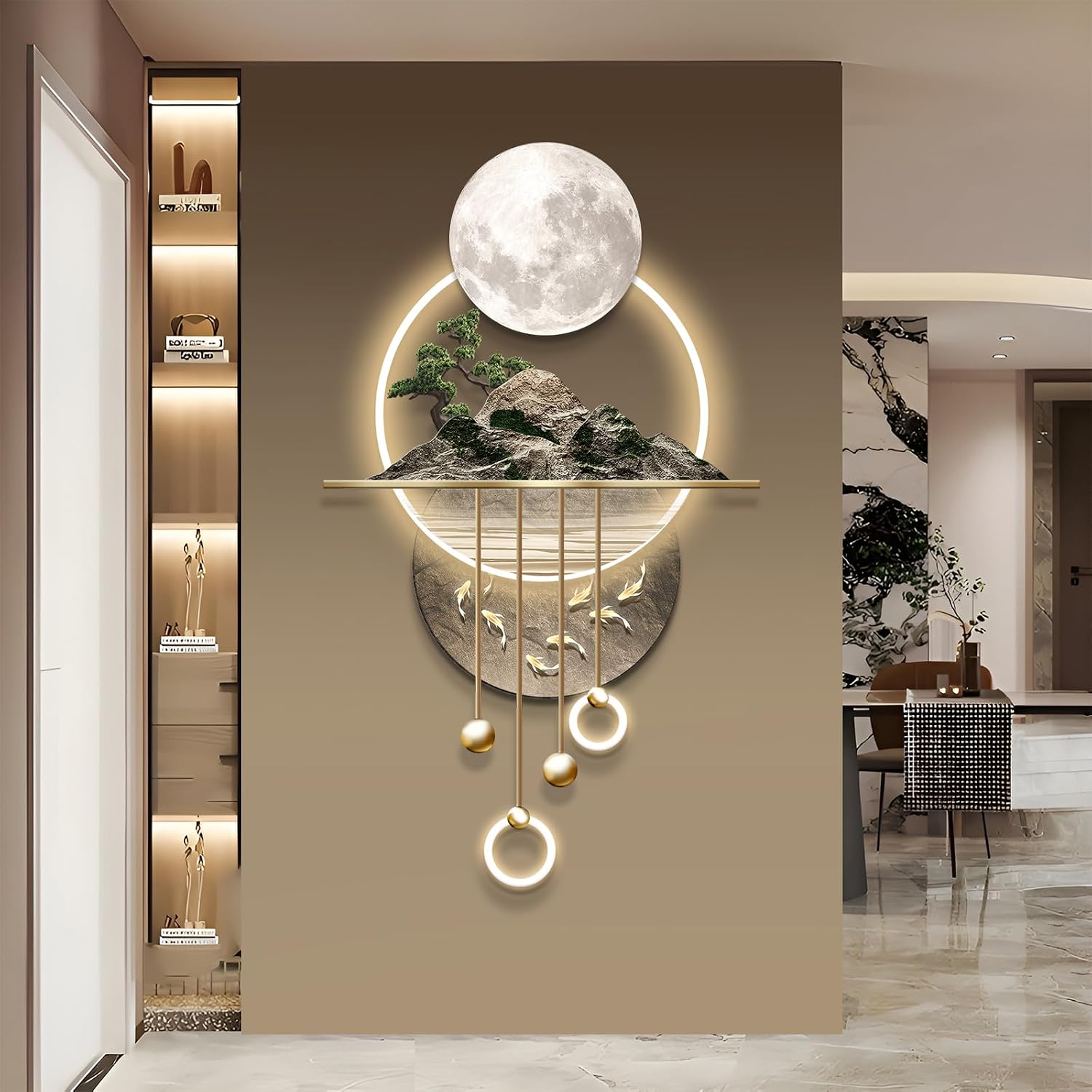XQDYSG 3D Art Wall Decor with Light, Decor Wall Sculptures Large 3D Art, Modern Home Decor Landscape Wall Sculpture, Plug-in Power Supply, Gold B, 23x49IN