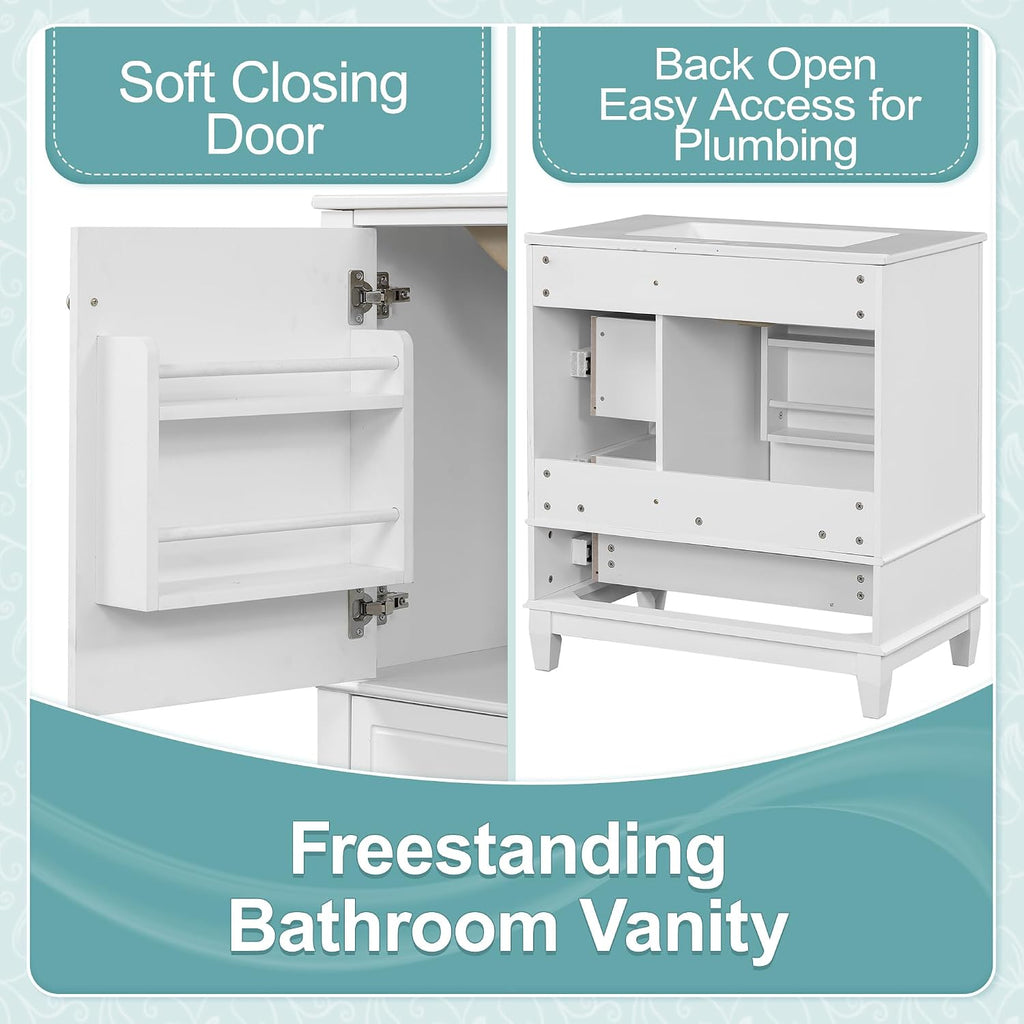 30 Inch White Bathroom Vanity with Sink,Modern Bathroom Sink Cabinet 30 Inch,Drop-in with Integrated Countertop,Storage Door Organizer & 3 Drawers,Soft Closing,Solid Wood Frame