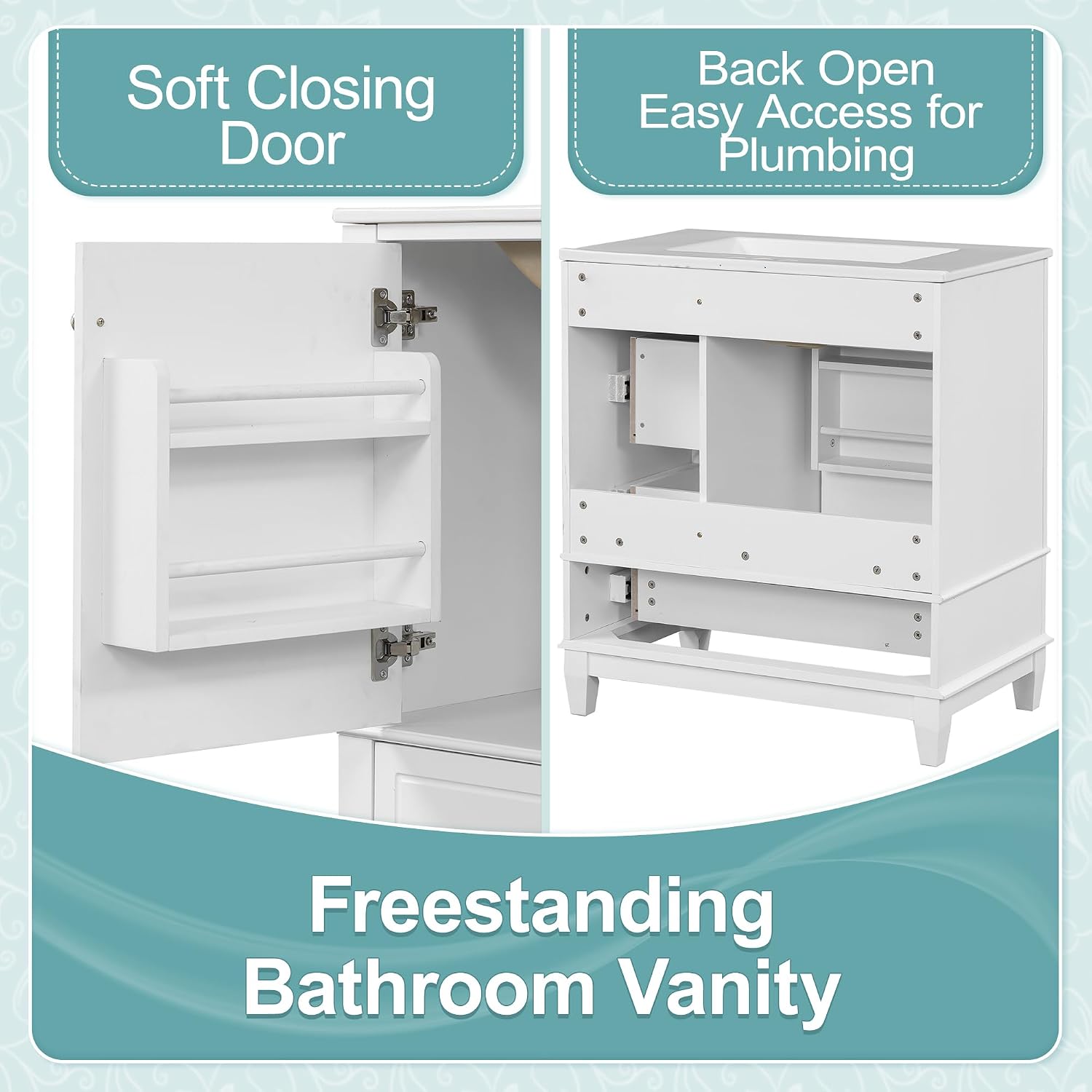 30 Inch White Bathroom Vanity with Sink,Modern Bathroom Sink Cabinet 30 Inch,Drop-in with Integrated Countertop,Storage Door Organizer & 3 Drawers,Soft Closing,Solid Wood Frame