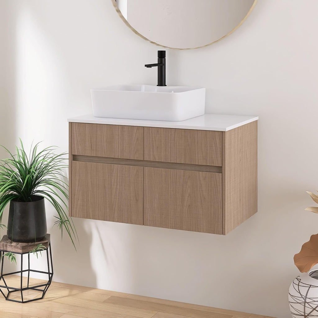 32 Inch Floating Bathroom Vanity with Sink, Modern Wall Mounted Cabinet, Ceramic Vessel Basin, 2 Soft Close Doors and 2 Drawer, Light Walnut