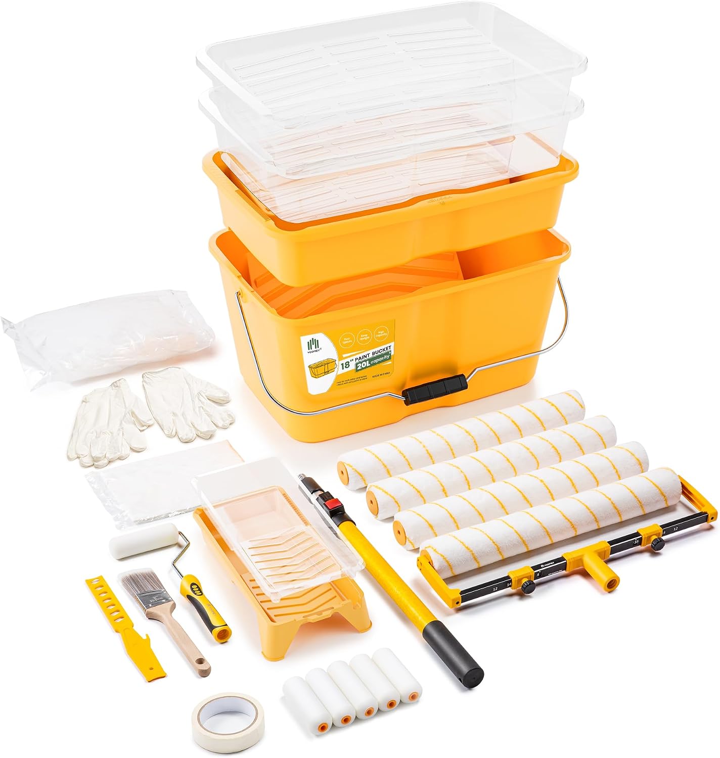 VOOMEY 28PC 18 Inch Paint Roller Kit, Paint Bucket,18' Paint Tray, 4 Inch Foam Paint Roller with 40 Inch Extension Pole,Ideal for Fast Large Area Painting Room and Small Area Detail Painting