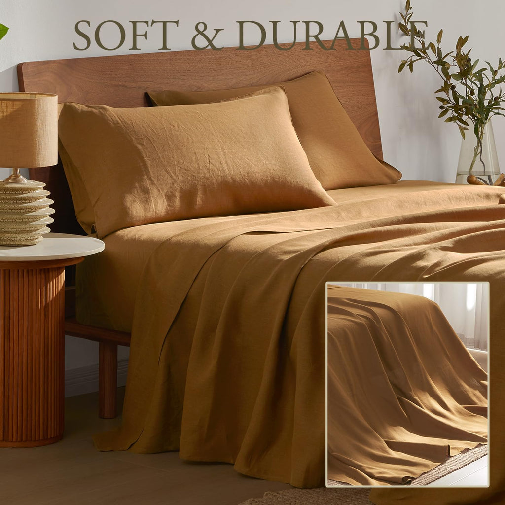 DAPU Pure Linen Sheets Set, 100% French Linen from Normandy, Breathable and Durable for Hot Sleepers, 4 Pcs Set - 1 Flat Sheet, 1 Fitted Sheet, 2 Pillowcase (Earthy Linen, Queen)