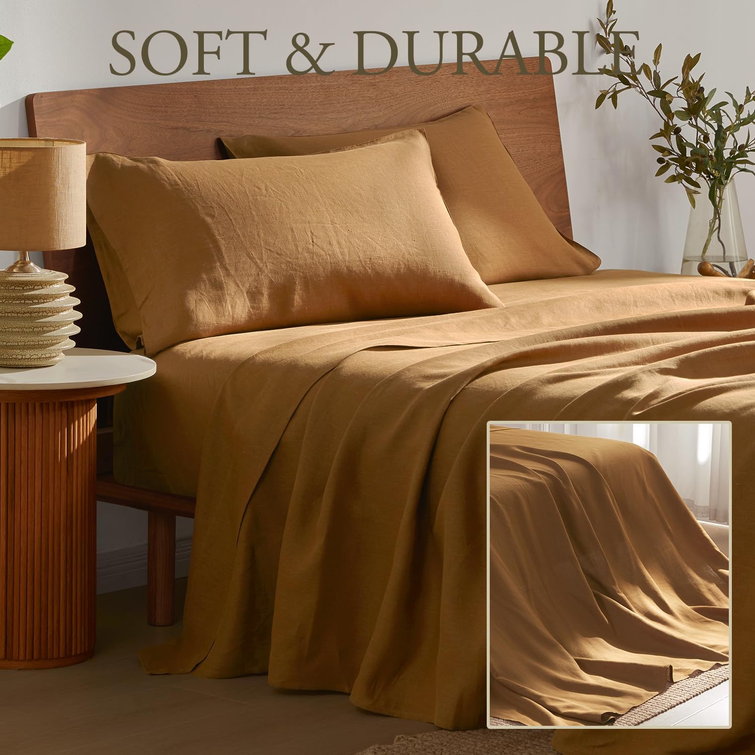 DAPU Pure Linen Sheets Set, 100% French Linen from Normandy, Breathable and Durable for Hot Sleepers, 4 Pcs Set - 1 Flat Sheet, 1 Fitted Sheet, 2 Pillowcase (Earthy Linen, Queen)
