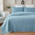 Brandream Luxury 100% Cotton Quilt Set Queen Size Blue Floral Vine Matelasse Stitching Hand-Finished Scalloped Edges Vintage-Inspired Textured Coverlet 3-Piece