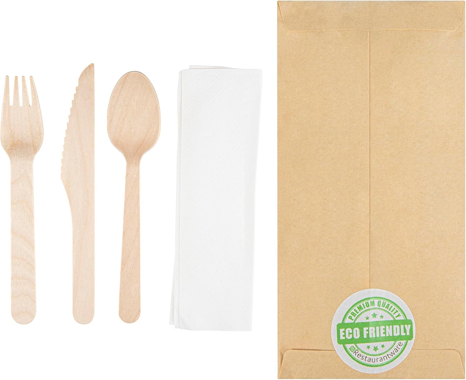 Restaurantware Eco Luxe 7 x 3.5 Inch Wooden Cutlery Set 100 Disposable Take Out Utensils - Includes White Napkin Prepackaged Birch Wood Utensil Sets Sustainable For Parties Or Picnics