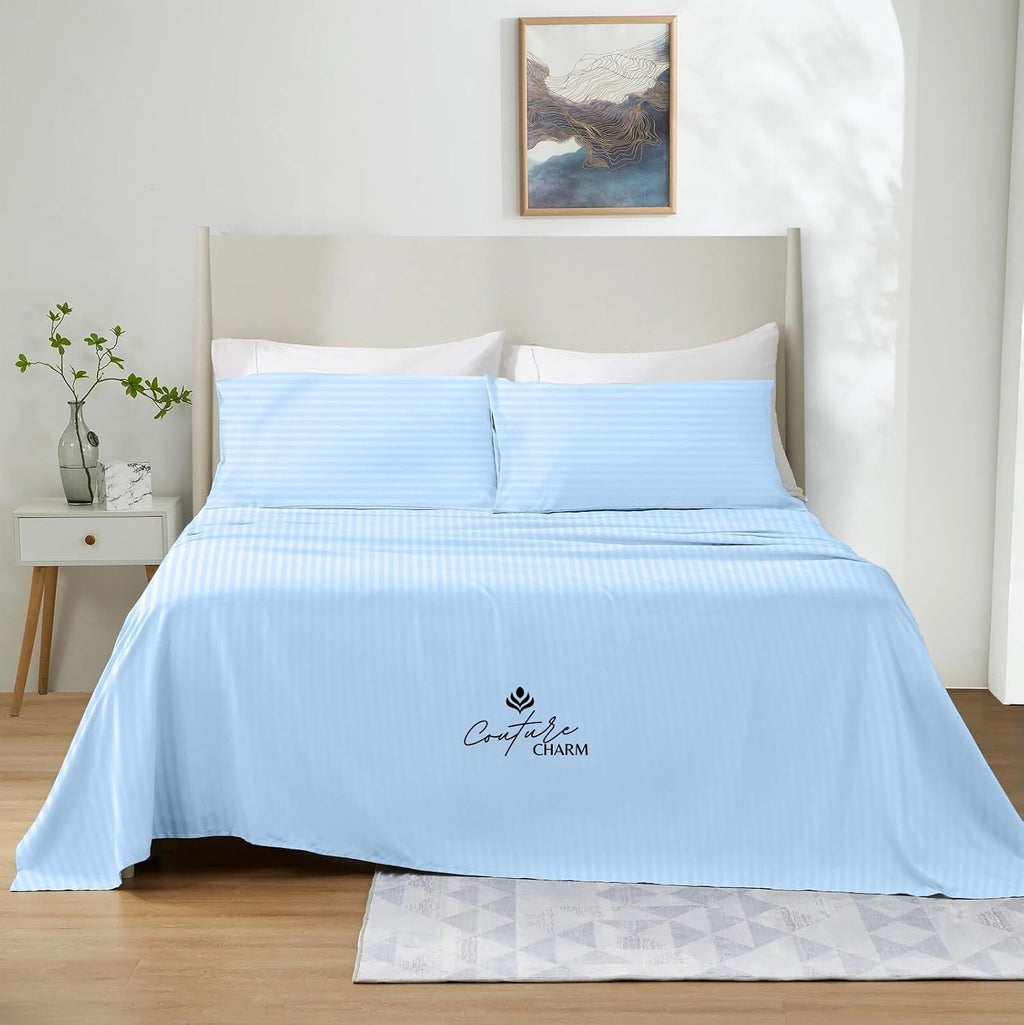 Queen Size 1000 Thread Count 100% Egyptian Cotton Sheet Set, 4-Piece, Sateen Weave, with 10-12' Deep Pocket Snug Fit (Stripe, Light Blue)