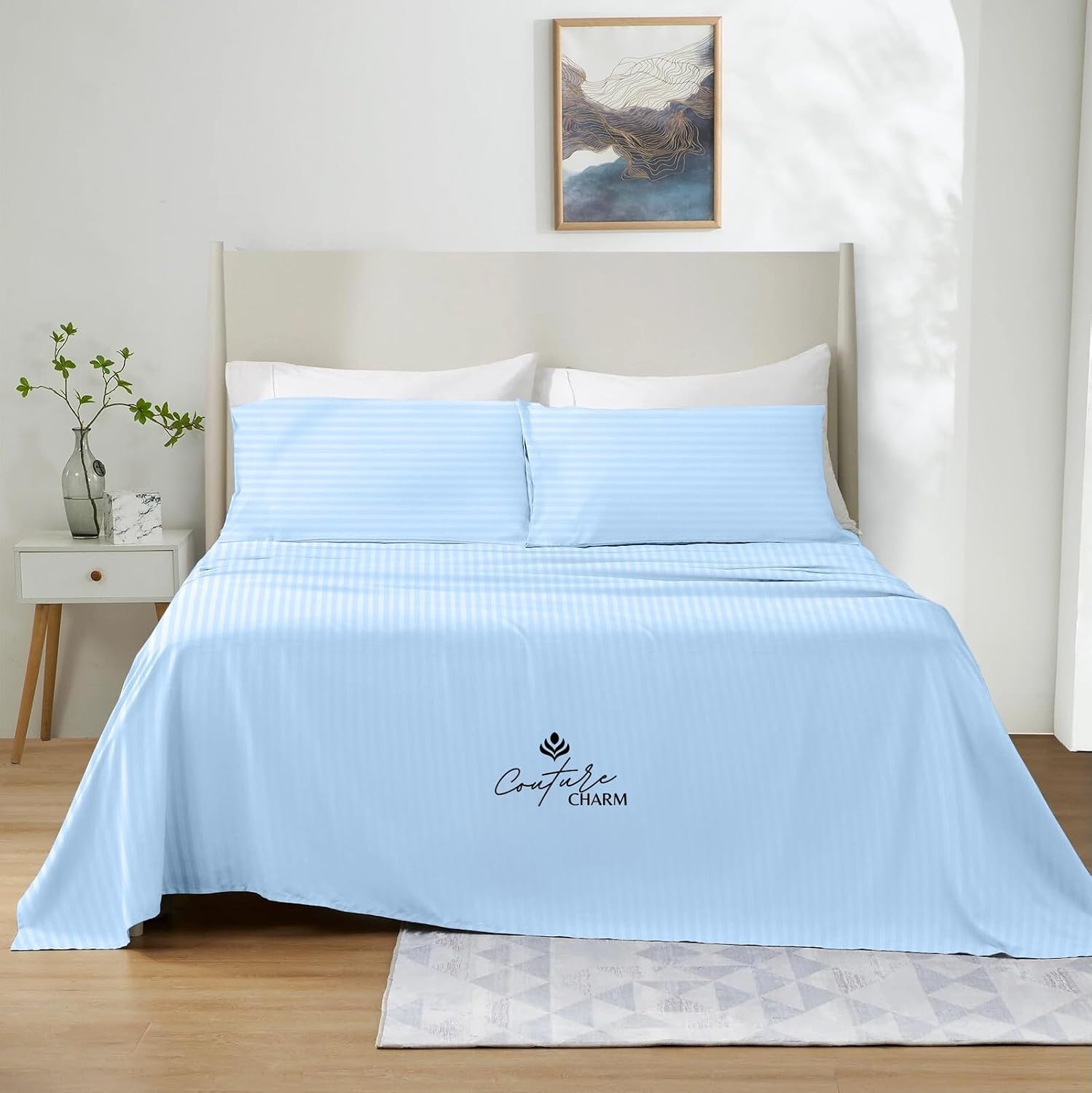 Queen Size 1000 Thread Count 100% Egyptian Cotton Sheet Set, 4-Piece, Sateen Weave, with 10-12' Deep Pocket Snug Fit (Stripe, Light Blue)